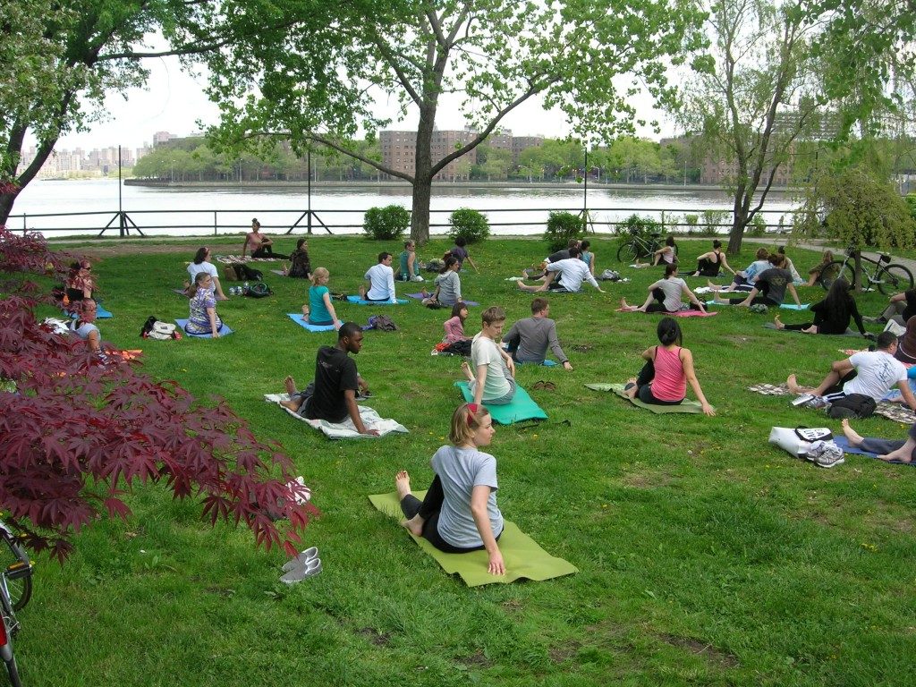 There are three free yoga classes each weekend at Socrates Sculpture Park in Long Island City. Photo: Socrates Sculpture Park