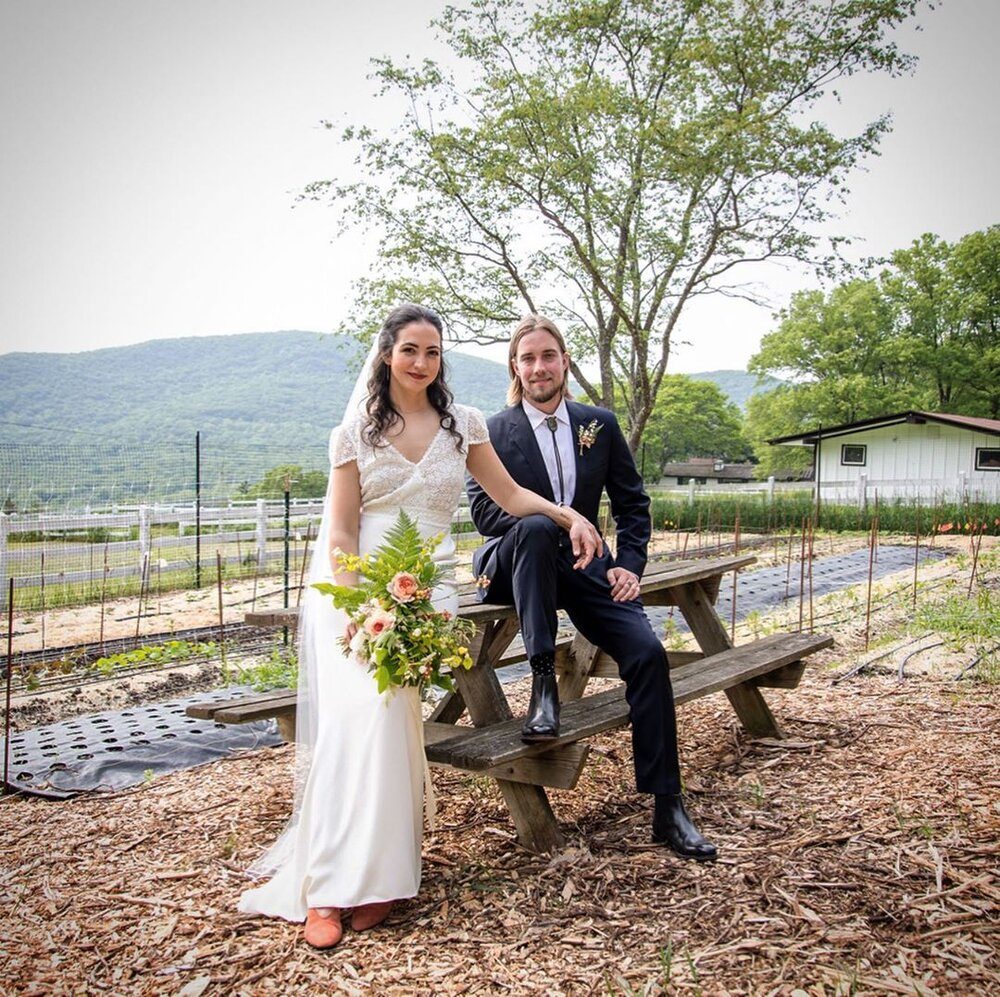 Sustainable florist Marcella Broe of The Parcel Flower Co. with husband Sam on their wedding day at their flower farm in Cold Spring. Photo: The Parcel Flower Co.